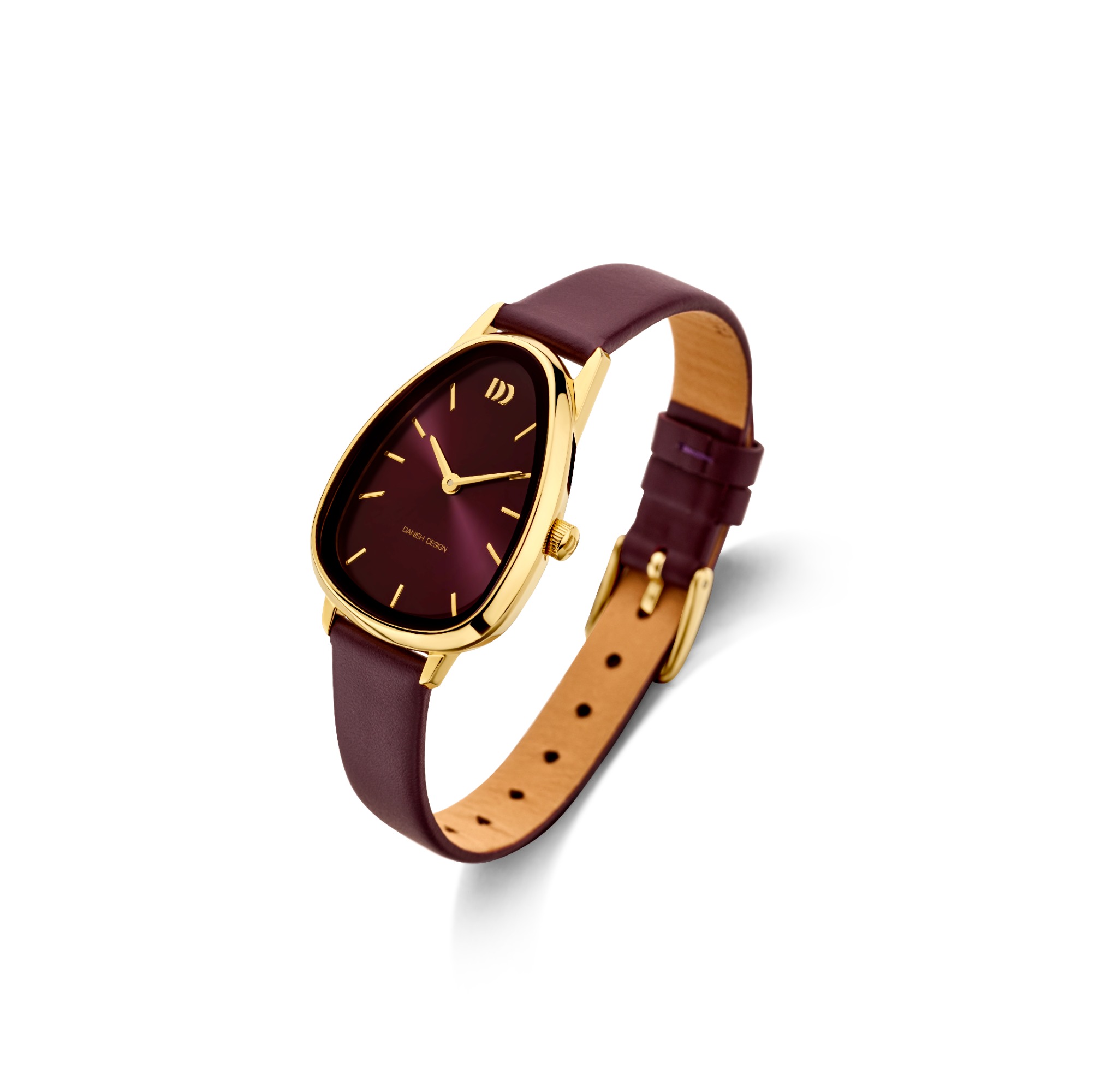 Fjordsten Gold Burgundy horloge met goudkleurige organische kast, bordeauxrode wijzerplaat en band