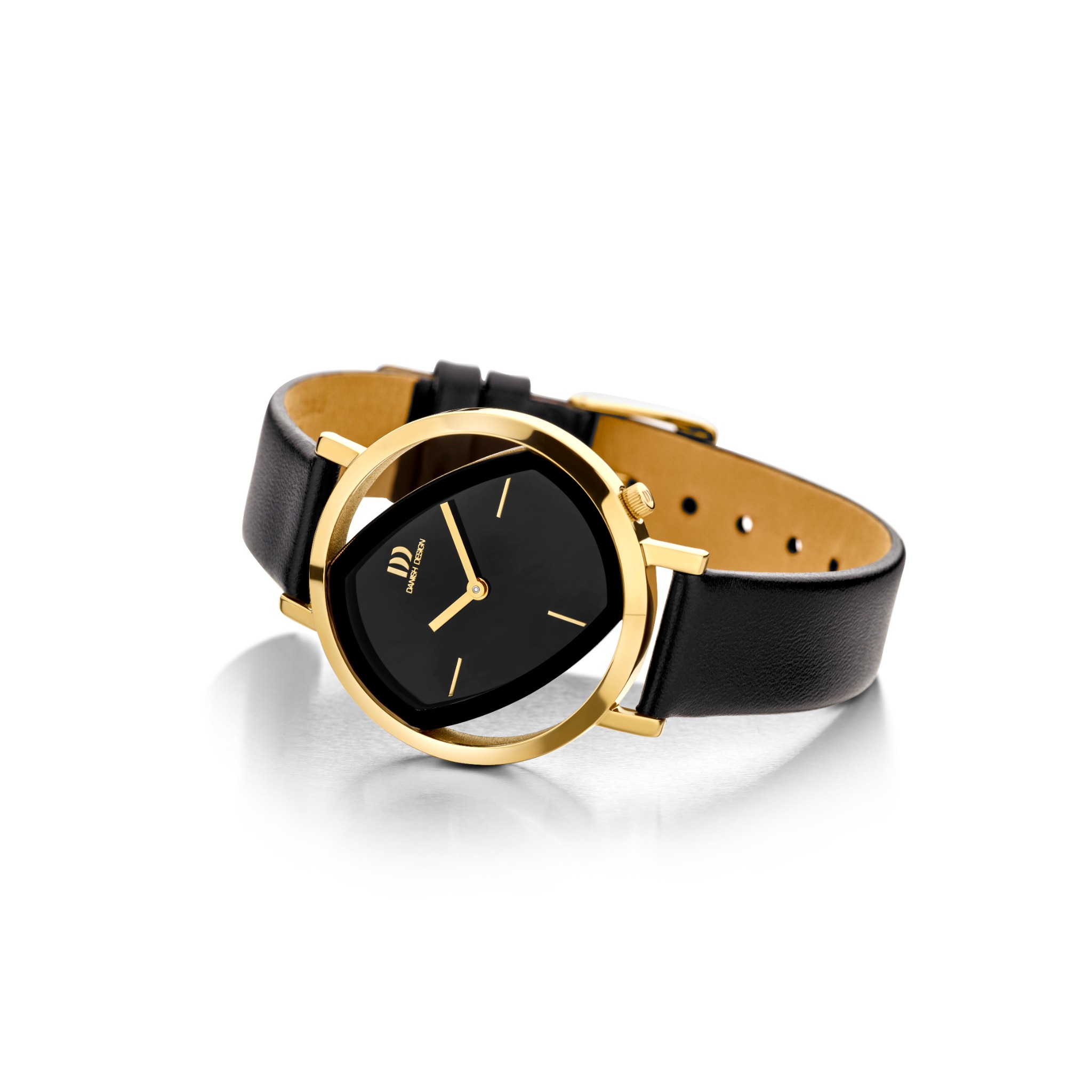 Tiltå Gold horloge met zwarte band en wijzerplaat, goudkleurige open kast en gekantelde binnenvorm